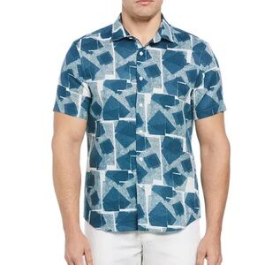 Perry Ellis Linen Blend Geo Print Short Sleeve Button Down Shirt NWT